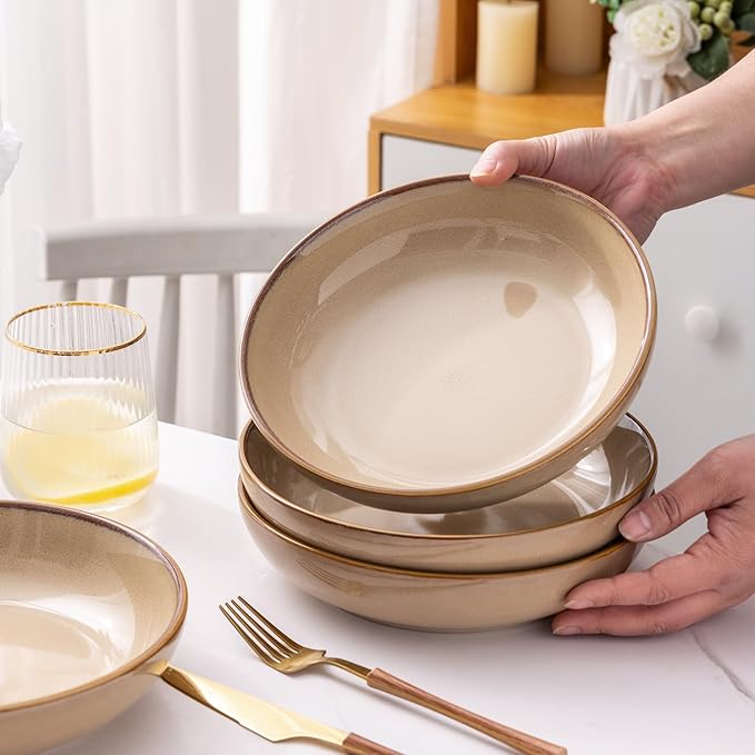 AmorArc 8.5'' Large Pasta Bowls, 36oz Ceramic Pasta Serving Bowls Set of 4 for Kitchen, Wide Bowls for Pasta,Salad,Oatmeal, Microwave Safe, Reactive Glaze-Latte