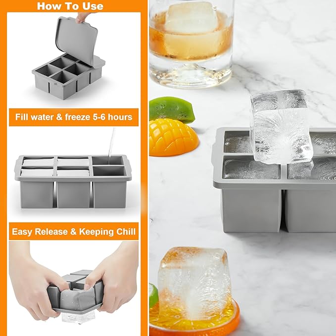 Nax Caki Large Ice Cube Tray with Lid Pack of 2, Stackable Big Silicone Square Ice Cube Mold for Whiskey Cocktails Bourbon Soups Frozen Treats, BPA Free