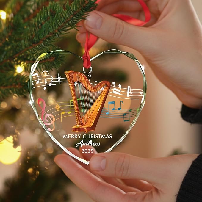 Customized Year Text Name Harpist Harp Player Glass Christmas Ornament, Personalized Harp Musical Instrument Xmas Ornaments Gift for Bestie Coworker Parents Grandkids,Unique Harps Instrument Ornament