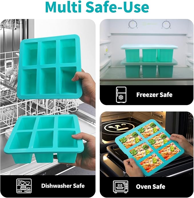 Silicone Freezer Tray With Lid - Soup Freezer Container molds - Large Ice Cube Tray- makes 12 perfect 1 cup portions cubes, 2-Pack Freezer Storage Food Soups & Meal Prep (Aqua 2 Pack)