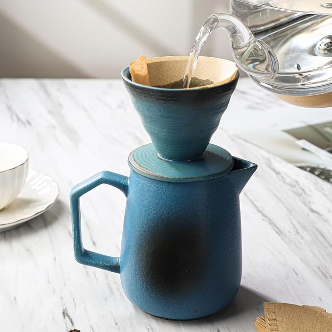 Pour Over Coffee Maker, Blue Ceramic Coffee Dripper 20oz/620ml, with 50 pcs V60 Paper Filter, Drip Coffee Brewer for Home & Café Enthusiasts, Vintage-Style