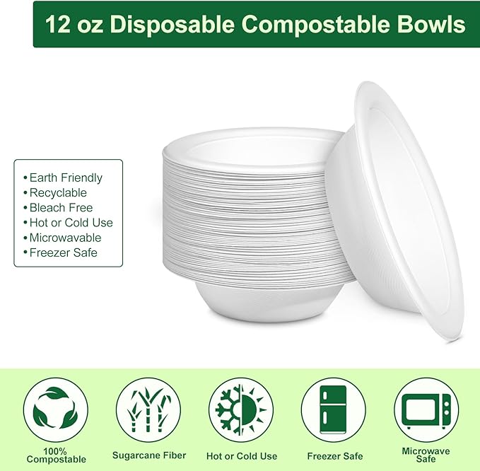 Paper Bowls 12oz, Disposable Bowls Heavy Duty, 50-Pack 100% Compostable Disposable Soup Bowl, Biodegradable Bagasse Paper Bowls Bulk for Party, Camping, Birthday, Festivals-White