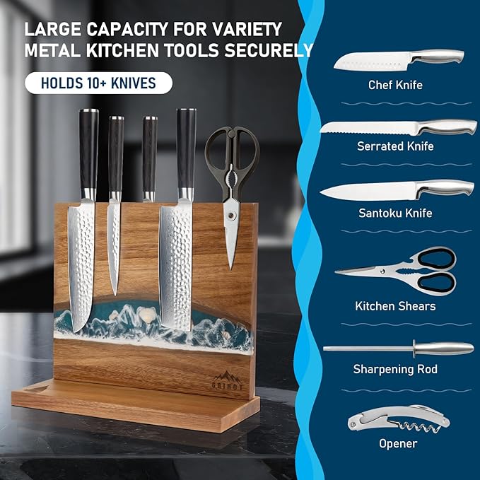 Original Sea Wave Magnetic Knife Block, Double Sided Knife Holder Holds Up To 10 Knives, Wooden Knife Storage Organizer for Counter Top without Knives (12 X 10 Inches)