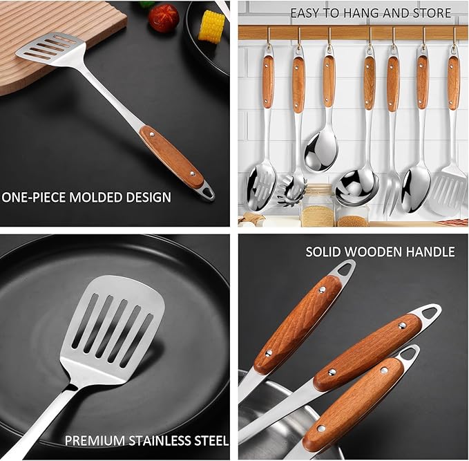 304 Stainless Steel Cooking Utensils Set,9PCS Metal Kitchen Utensils Set with Wooden Handle,Solid Spoon,Spatula,Ladle,Skimmer,Spaghetti Spoon,Dishwasher Safe