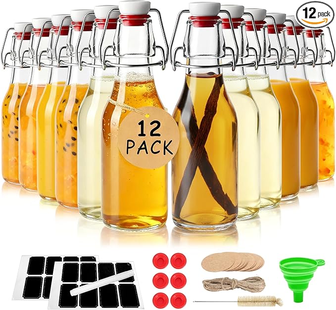Ruckae 12 Pack 8.5oz Swing Top Glass Bottles with Lids Kombucha Coquito Flip Top Glass Bottle for Syrup Vanilla Extract Brew Beer Kefir Air Tight Bottles for Gift (8.5 oz 12 pack)