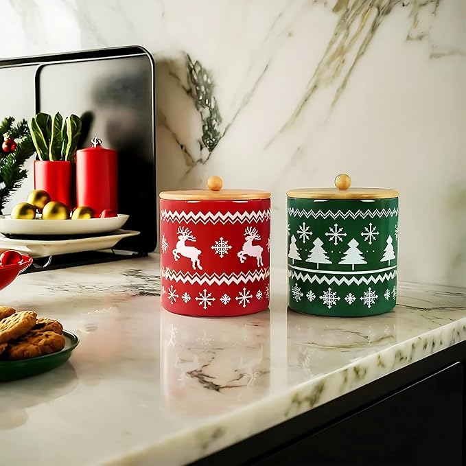 Young's Ceramic Treat Jar with Wooden Lid, Christmas Theme Evergreen Lane Goodie Jar, Decorative Storage Canister for Cookies Treats Snacks, Set of 2
