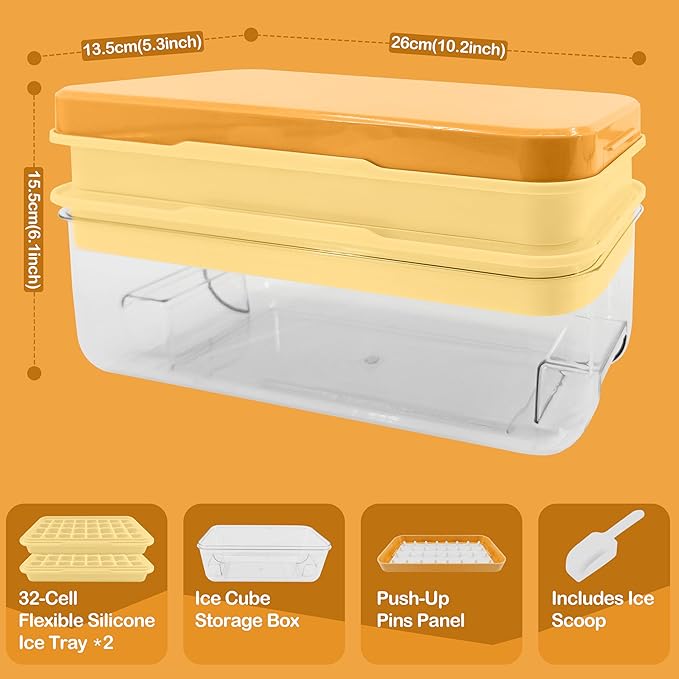 Satax Silicone & Plastic Ice Cube Trays with Lids and Bin - Durable, BPA-Free, Easy Release, Perfect for Cocktails, Coffee & More (2, yellow)