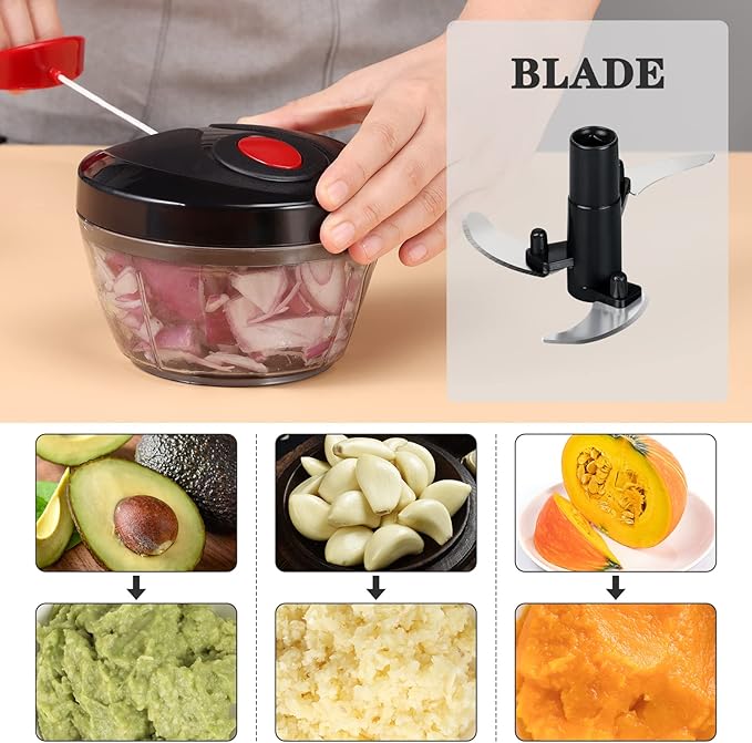 Cambom Manual Food Chopper Vegetable Cutter, Hand String Vegetable Chopper Onions Cutter for Vegetable Fruits Nuts BPA Free Food Safe Material, 550ml Black