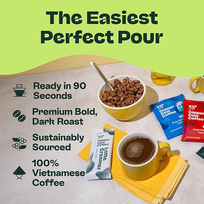 Copper Cow Coffee Pour Over Vietnamese Ground Coffee Pouches + Sweetened Condensed Milk Creamers (8 Coffees & 8 Milk Creamers) | Vanilla Lattes, No Refrigeration Needed, Travel Friendly