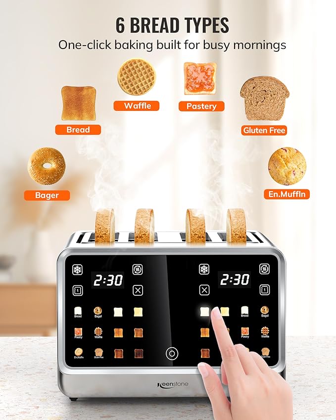 Toaster 4 Slice with TouchScreen, Memory Function & Single-Slot Focus, Keenstone 1800W Smart Digital Toaster for Ultimate Control, Wide Slot to Reheat & Defrost Bagels, Bread, Waffles, Stainless Steel