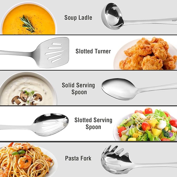 Stainless Steel Cooking Utensils Set, 5PCS Kitchen Utensils Set, Durable Kitchen Gadgets, Ladle, Slotted Turner, Slotted Serving Spoon, Solid Serving Spoon, Pasta Fork