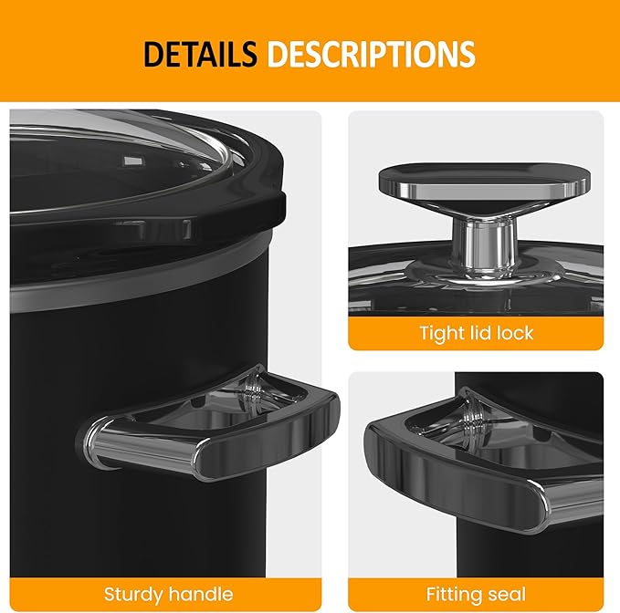 Sunvivi 2 Quart Slow Cooker, Small Slow Cooker with Removable Ceramic Pot, Food Warmer with 3 Heating Settings & Dishwasher Safe Glass Lid, Black