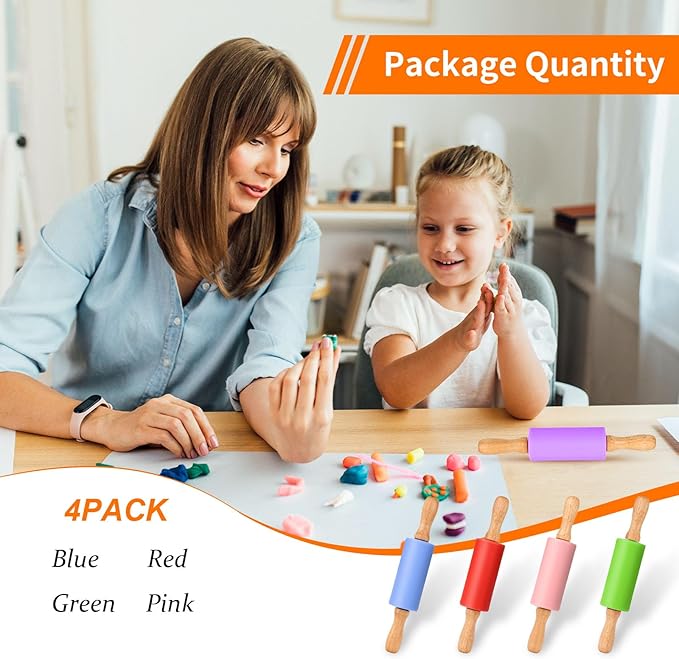 Mini Silicone Rolling Pin for Kids, Non-stick Surface Wood Handle, 9 Inch 4 Pack