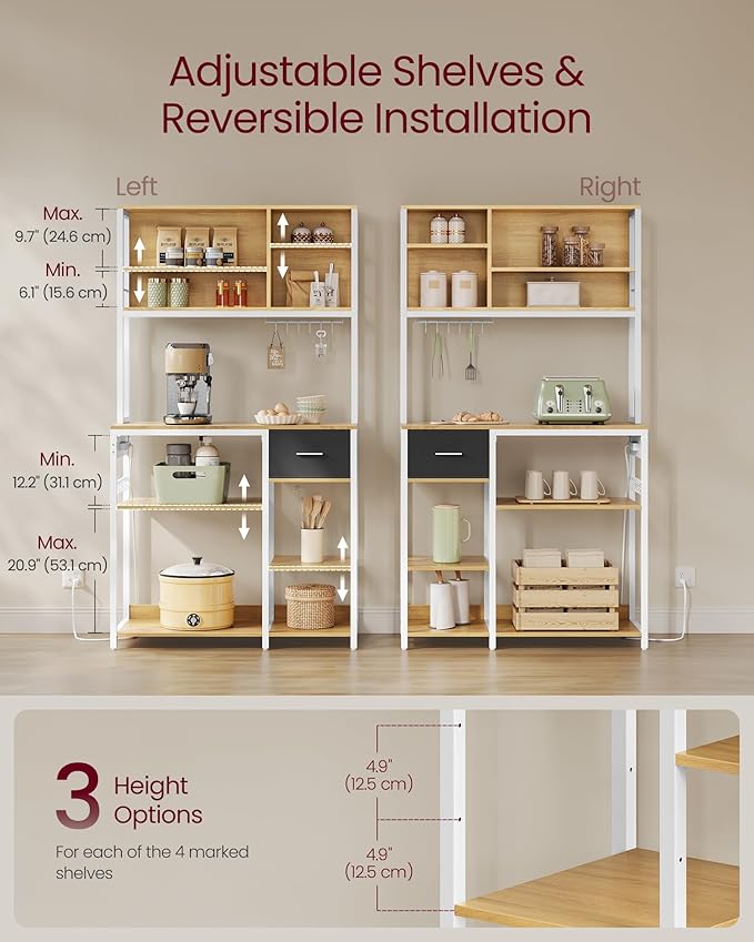 VASAGLE Bakers Rack with Charging Station, Coffee Bar with Adjustable Storage Shelves, Fabric Drawer, 12 Hooks, 15.7 x 39.4 x 71 Inches, Kitchen Microwave Stand, Golden Oak and Cloud White UKKS027Y01