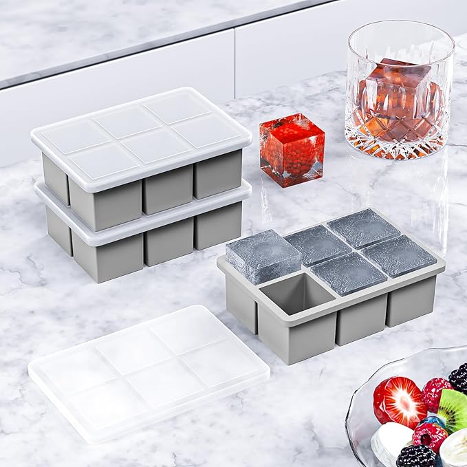 Large Ice Cube Tray for Whiskey 3 Pack, HANCELANT Big Silicone Square Ice Cube Mold with Removable Lid, 2'' Huge Square Ice Cubed Tray for Whisky and Cocktail(Grey)