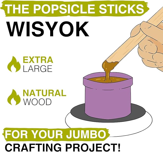 WISYOK 8'' Jumbo Craft Sticks - 42pcs Extra Large Natural Premium Wood, Ice Cream Sticks, Wooden Jumbo Sticks, Large Tongue Depressors, Plant Labels, Hair Removal and Waxing Supplies, Crafting