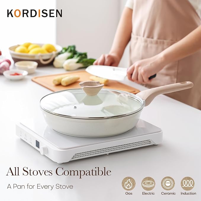 Kordisen Nonstick Ceramic Frying Pan with Lid, 11 Inch Ceramic Skillet with Lid, Healthy Non Toxic Cooking Pan, Stay-Cool Handle, Induction Compatible, PFOA & PFAS Free, White