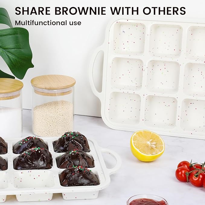 Vinino Silicone Brownie Pan With Dividers, 2 Pack Mini Loaf Pan for Baking Individual, Nonstick 12 Cups Square Muffin Cupcake Pans with Metal Reinforced Frame-Cream