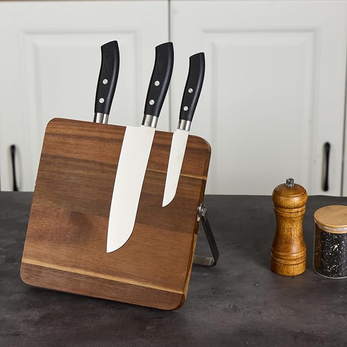 Double-Sided Magnetic Knife Block, Acacia Wood Kitchen Knife Holder, Universal Storage Organizer
