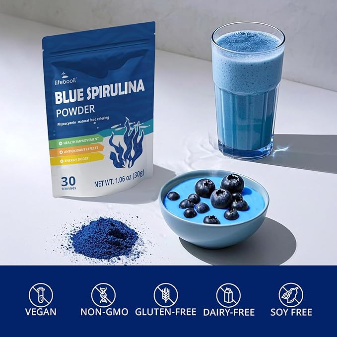 Blue Spirulina Powder, 100% Natural Pure Phycocyanin Extract from Blue-Green Algae, Vegan, Gluten-Free, Non-GMO, Food Coloring for Smoothies, Baking & Drinks, 30g