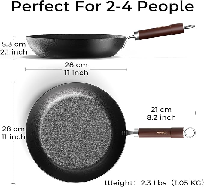 Carbon Steel Frying Pan, Pre-Seasoned 11-Inch Cooking Skillet Wooden Handle, PFAS & PFOA-Free, Nitrided Black Fry Pan for Kitchen, Camping, Chef Use
