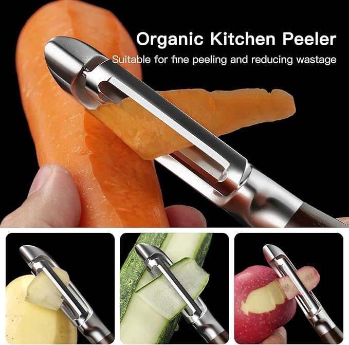 JUSEEPO Premium Vegetable Peeler, I Type Swivel 304 Stainless Steel Blade Comfortable Solid Wood Handle, Practical Gift for Restaurant Baking Chef Woman for Veggie, Fruit, Potato(Charred Wood)