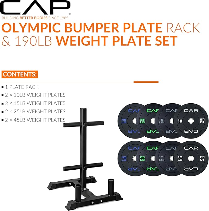 CAP Barbell 2-Inch Olympic Bumper Plate Weight Set with 6 Post Rack | 100-370 lbs | Multiple Options