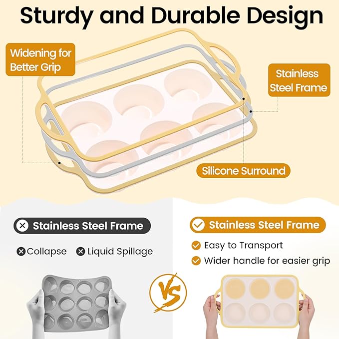 Silicone Jumbo Muffin Pan with Metal Frame, Non Stick Food Grade Silicone Large Muffin Pan, with Handles 6 Cup,BPA-Free and Dishwasher Safe, Jumbo Cupcake Pans - 2 Piece Light Yellow