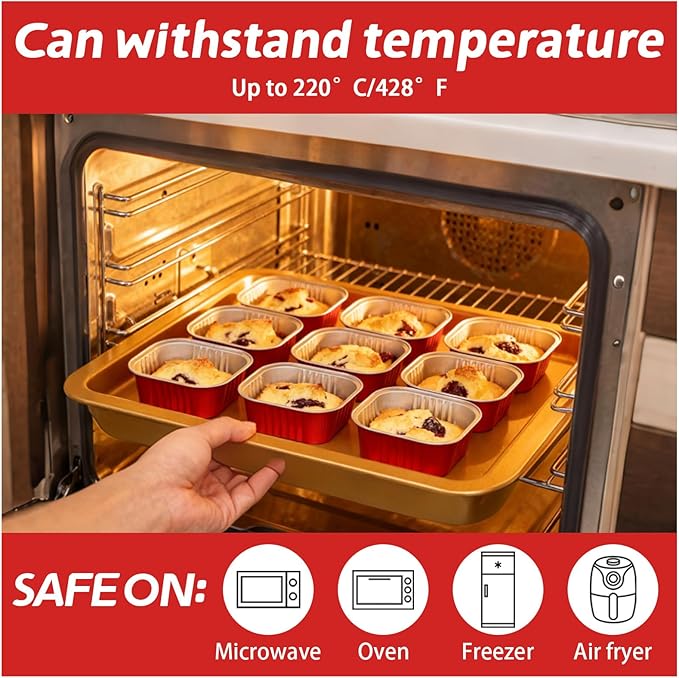 200 Pack 10 oz Red Square Mini Cake Pans with Lids, Mini Loaf Pans with Lids, Aluminum Foil Square Brownie Baking Cups for Ramekins Muffin Cupcake Wedding Birthday Party