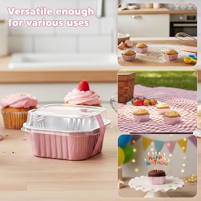 Ruckae 5oz 100 Pcs Square Mini Loaf Pans with Lids-Disposable Foil Dessert Containers,Mini Cake Pans with Lids,Aluminum Dessert Cups for Parties and Weddings (Pink, 5oz)