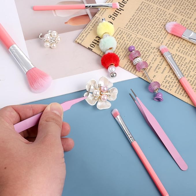 9 Pieces Candy Cookie Decoration Brush, Cake Decorating Tool Set Pastry Brush and Stainless Steel Pasta Tweezers or Baking Fondant DIY Cake Sugar(Pink Color)