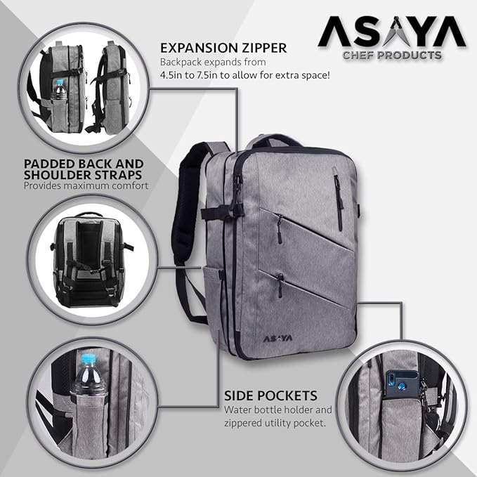Asaya Chef Knife Backpack with 20 Pocket Knife Roll Bag - Over 30 Pockets for Knives - Knives Not Included (Grey)