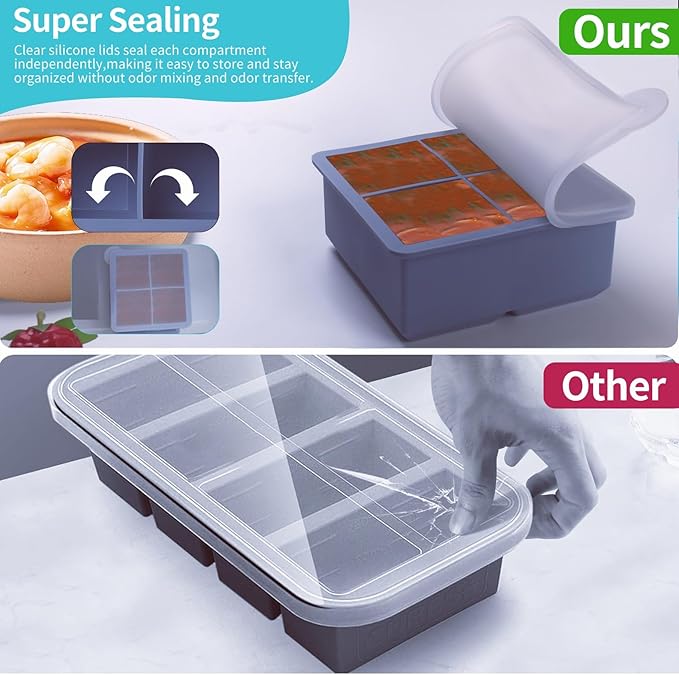 1/2 Cup Silicone Freezer Tray With Lid - Silicone Freezer Molds 4-Pack For meal prep & freezing of various sauces and other dishes, makes 16 perfect 1/2 cup portions cubes (Blue 4 Pack)