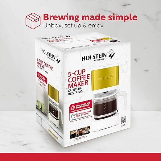Holstein Housewares 5 Cup Coffee Maker – Compact Drip Coffee Machine with Auto Pause & Serve, Reusable Filter, Glass Carafe, Water Window & Warming Plate. White & Gold
