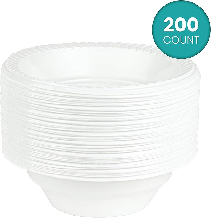 PLASTICPRO Round Plastic 12 ounce Bowls Microwaveable, Disposable, White, Dinnerware 200 Count