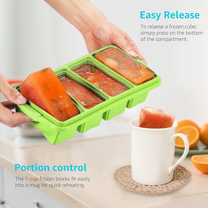 Silicone Freezer Tray With Lid - Silicone Freezer Food Molds- Large Ice Cube Tray,Silicone Freezer Container,Freeze & Store Soup, Sauce, Broth,Leftovers - Makes 4 Perfect 1 Cup