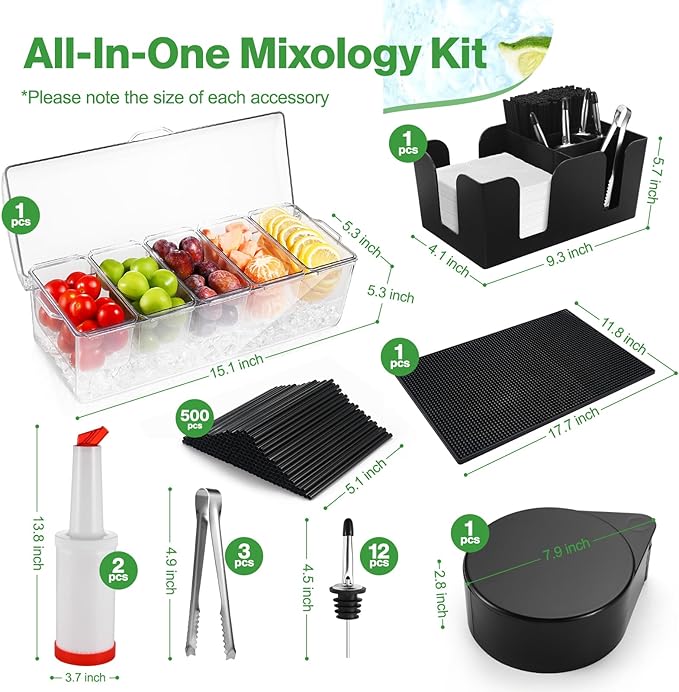 Bartending Supplies - 18" x 12" Bar Mat Garnish Tray with Lid Bar Caddy 3 Tier Bar Glass Rimmer, 2 Plastic Juice Pour Bottles 3 Mini Tongs 12 Classic Liquor Bottle Pourers 500 Cocktail Straws(Clear)