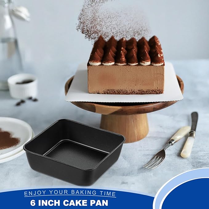 E-far 6 Inch Square Cake Pan, Nonstick Small Baking Pan with Stainless Steel Core for Brownies Lasagna Cakes, Non-toxic & Easy Clean, 2 Inch Deep (Black)