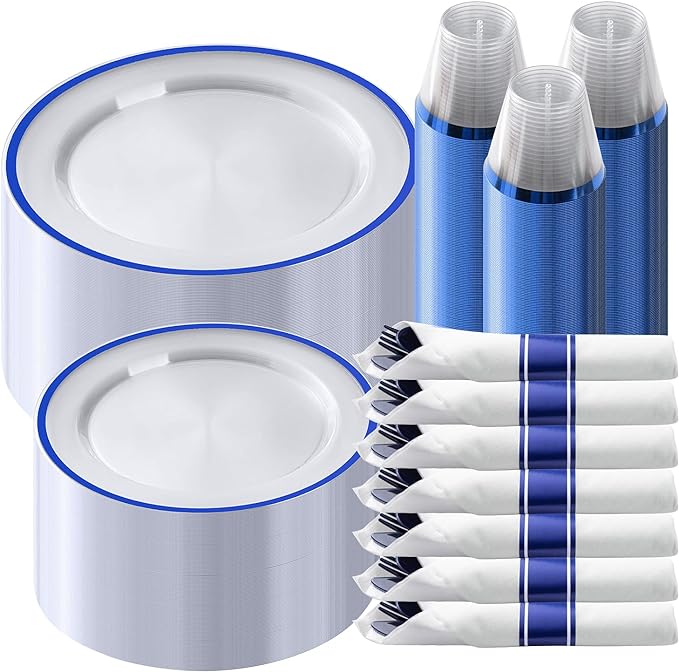 Goodluck 350 Piece Dark Blue Plastic Dinnerware Set for Party, Clear Disposable Plates for 50 Guests, Include: 50 Dinner Plates, 50 Dessert Plates, 50 Pre Rolled Napkins with Cutlery Set, 50 Cups