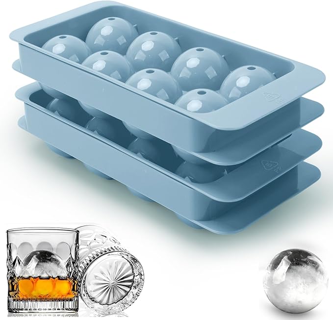 Round Ice Cube Mold,2 x 8 PCS x 1.8'' Whiskey Ice Cubes,Circle Ice Cube Tray with Lid and Bin,Sphere Ice Ball Maker Mold,Large Ice Cube Molds for Cocktails,Coffee(Whiskey Ice Cubes Mold,Blue)