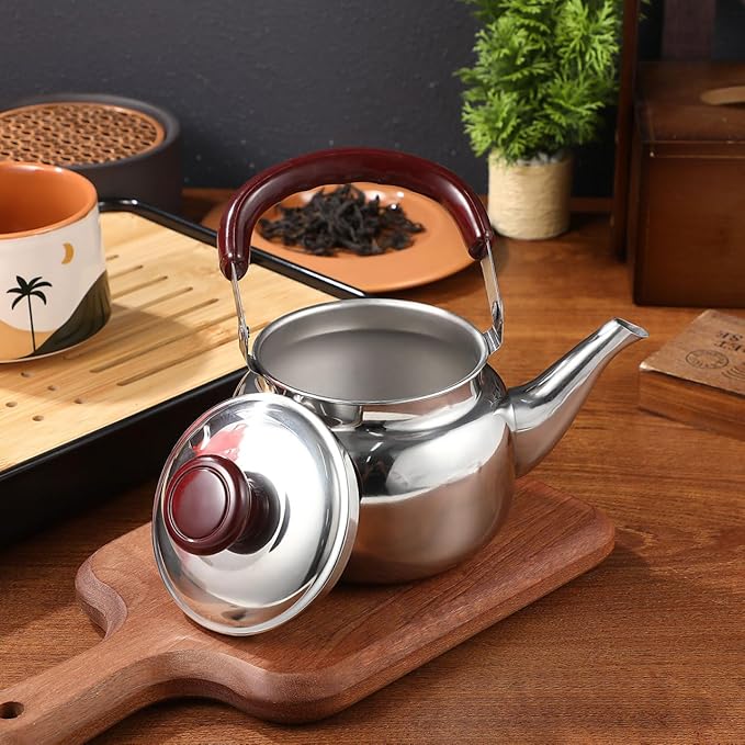 LIFKOME Traditional Stainless Steel Heavy Duty Tea Kettle With Sandwich Bottom and Specialty Cool Touch Handling Mirror Finish Stainless Steel Whistling Tea Kettle Stove Top