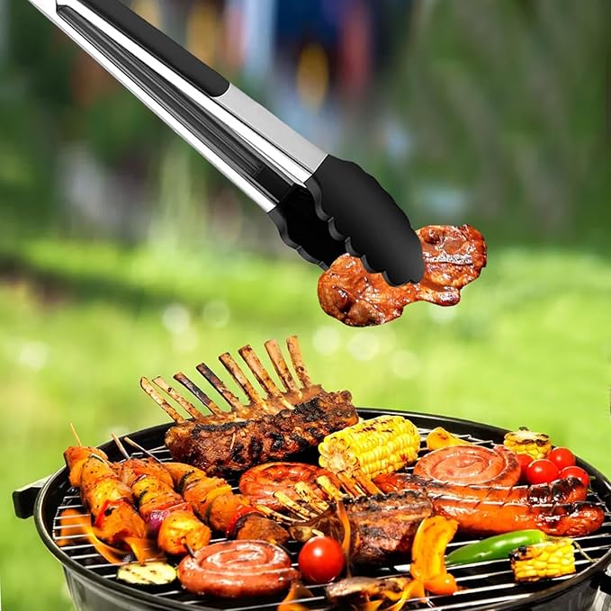 Black Stainless Steel Tongs Heat Resistant Kitchen Tongs Set - 7" & 9" Inch, BBQ Tongs with Silicone Tip, Strong Grip for Cooking, Salad Tossing, Air Fryer, & Grill Tongs- Pull Lock, Black - Set of 2