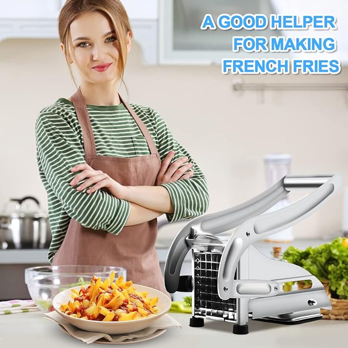 French Fry Cutter with 2 Blades, Professional Potato Cutter Stainless Steel, Potato Slicer French Fries, Press French Fries Cutter for Potato