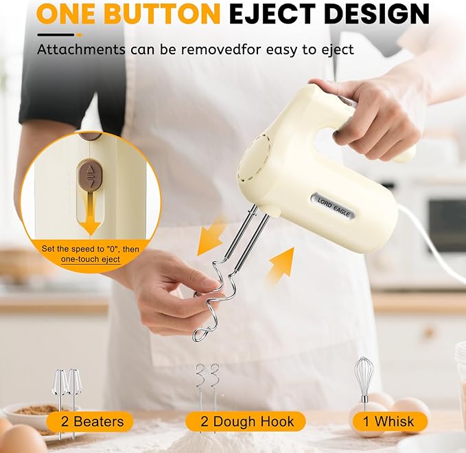 Lord Eagle 5-Speed Hand Mixer Electric Heldhand With Bowls Set, 300W Compact Mixer for Baking, Stainless Steel Mxing Bowl Measuring Cups Spoons