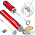 Milk Frother Handheld, Battery Operated Coffee Foamer Drink Mixer with 2 Stainless Steel Electric Whisks for Coffee, Latte, Cappuccino, Hot Chocolate, Protein， Batteries Included, Ruby Red