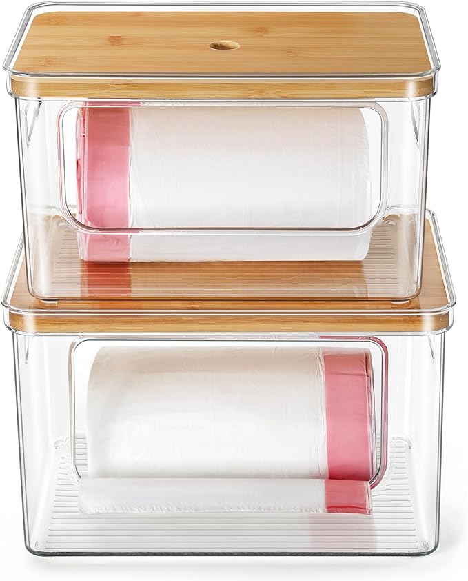 Hudgan Trash Bag Dispenser 2 Pack, Acrylic Garbage Bag Holder with Bamboo Top, Extra Large Trash Bags Holder Dispenser for Pantry Organizer and Under Sink