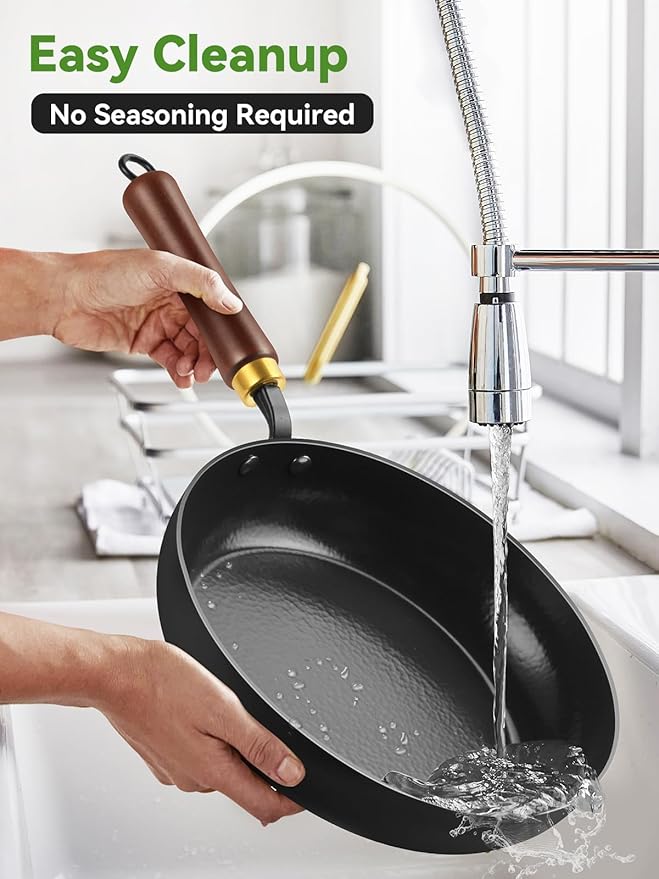 Enameled Carbon Steel Skillet, 9.5-Inch Nonstick Frying Pan, Stay-Cool Wooden Handle, Non Toxic, PTFE & PFOA Free Oven-Safe, Season-Free Carbon Steel Pan