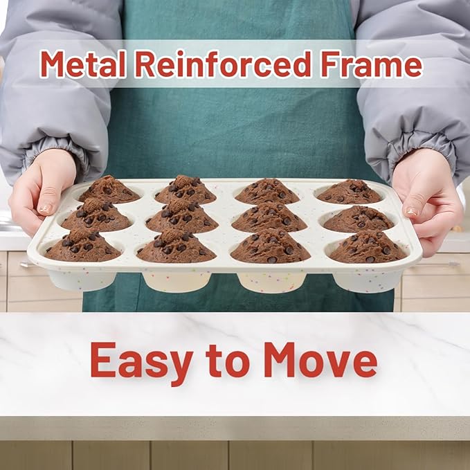 Silicone Muffin Pan, Metal Reinforced Frame Cupcake Pan 12 Cups Regular Size Easy to Move in or Out of Oven Non-Stick (1)