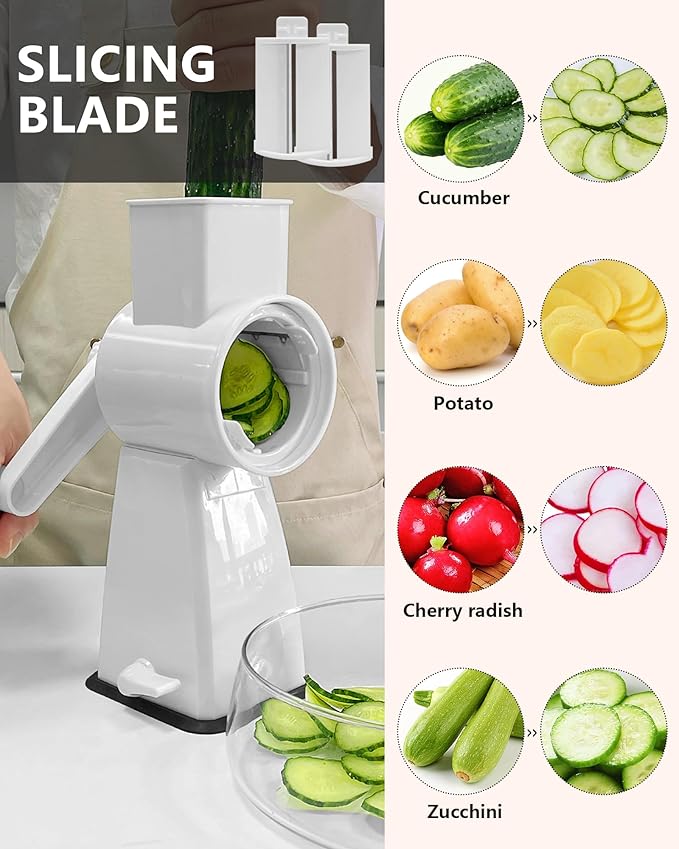 3-in-1 Rotary Cheese Grater Handheld, Lightweight Body with 3 Stainless Steel Blades & Non-Slip Suction Base, for Shredding Parmesan, Slicing Vegetables, Grating Chocolate（White）