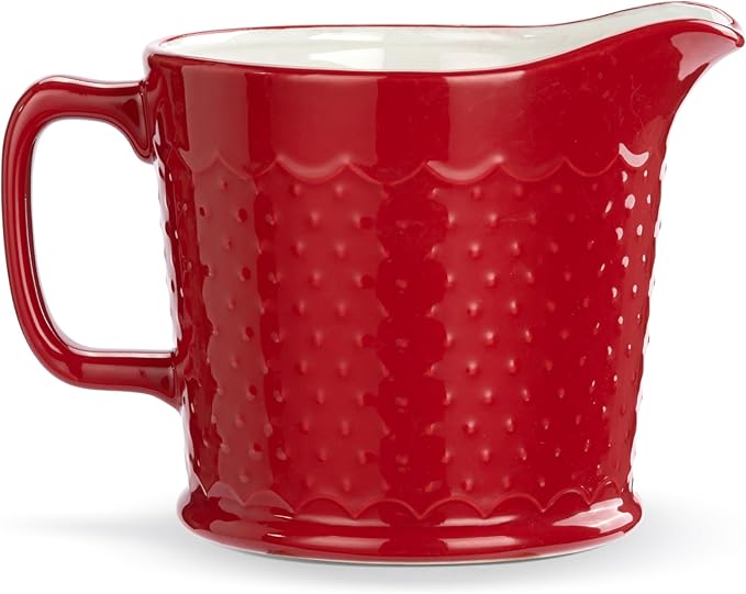 DEMDACO Baking Holiday Memories Rosy Red, White 32 Ounce, 6 x 5 Inch Ceramic Stoneware Festive Christmas Kitchen Countertop Accessory Décor, Polka Dots, Pouring Measuring Cup, Cupful of Merry